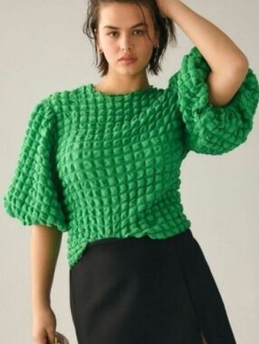 Anthro Eri + Ali Textured Puff-Sleeve Top In Green Size XL